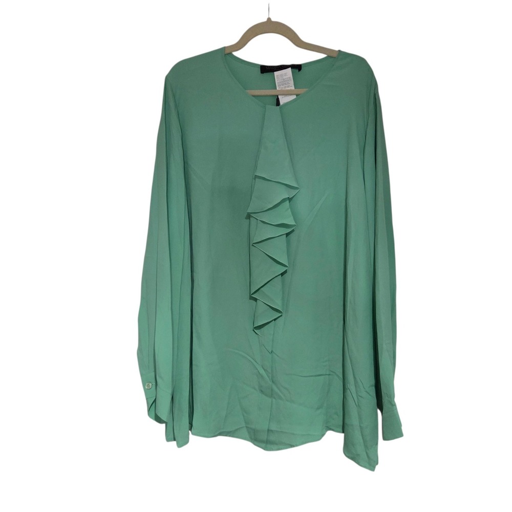 Marina Rinaldi Baluardo Blouse Women 20W Mint Green NWT Ruffle Front Silk Blend